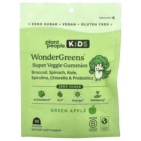 ppp81306_v_2.jpg Для детей, вегетарианские жевательные мармеладки WonderGreens, зеленое яблоко, 30 жевательных таблеток — Plant People