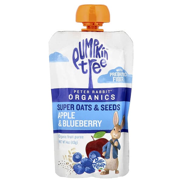 pto01014_v_2.jpg Peter Rabbit™ Organics, органическое фруктовое пюре, овсяные хлопья и семена, яблоко и голубика, 113 г (4 унции) — Pumpkin Tree Organics