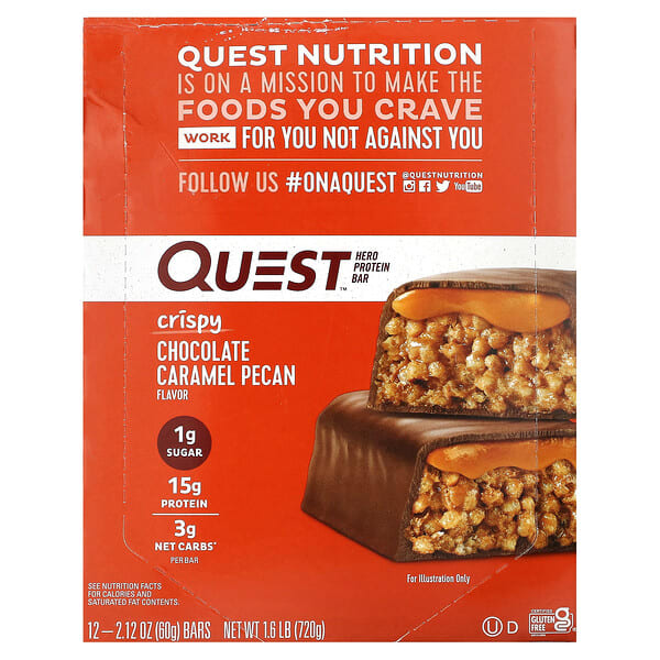 qst01177_v_38.jpg Hero Protein Bar, хрустящий шоколад с карамелью и пеканом, 12 батончиков, 60 г (2,12 унции) — Quest Nutrition