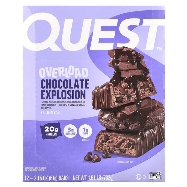 qst01579_v_20.jpg Протеиновый батончик Overload, Chocolate Explosion, 12 батончиков, 61 г (2,15 унции) — Quest Nutrition