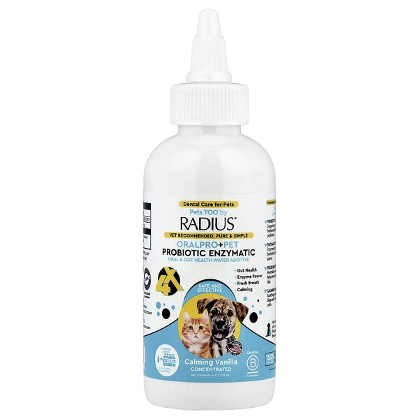 rad08111_v_8.jpg Pets Too™, OralPro + Pet Probiotic Enzymatic, добавка для здоровья полости рта и кишечника, успокаивающая ваниль, 118 мл (4 унции) — RADIUS