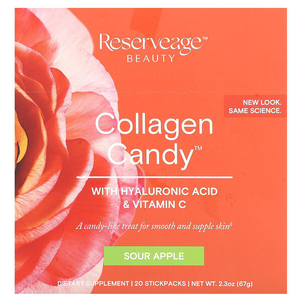 rea00017_v_29.jpg Collagen Candy, кислое яблоко, 20 пакетиков по 3,35 г (0,1 унции) — Reserveage Beauty