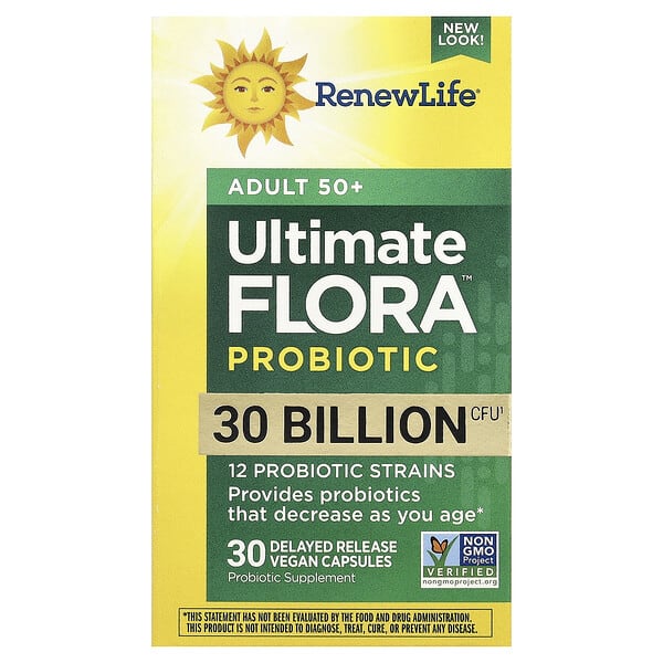 ren12112_v_80.jpg Ultimate Probiotic Flora™, для взрослых старше 50 лет, 30 млрд КОЕ, 30 веганских капсул с отсроченным высвобождением — Renew Life