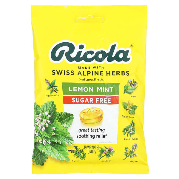 ric19210_v_2.jpg Ricola, Анестетик для перорального применения, без сахара, лимон и мята, 1,1 мг, 19 капель в оболочке