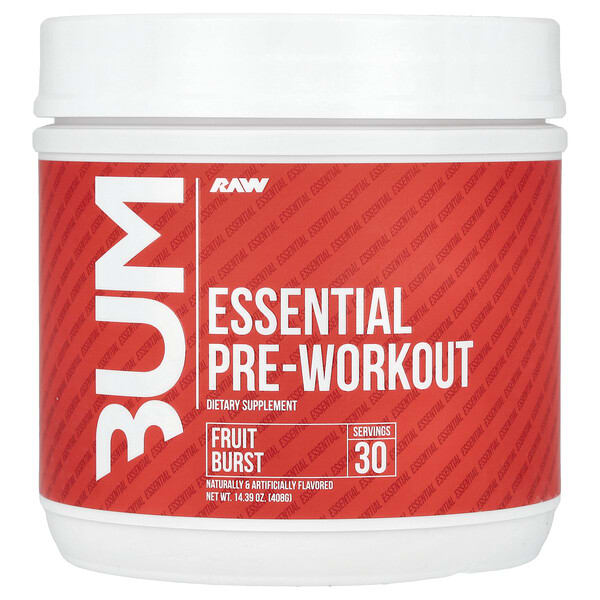 rws15023_v_24.jpg Bum, Essential Pre-Workout, предтренировочный комплекс, фруктовый вкус, 408 г (14,39 унции) — Raw Nutrition