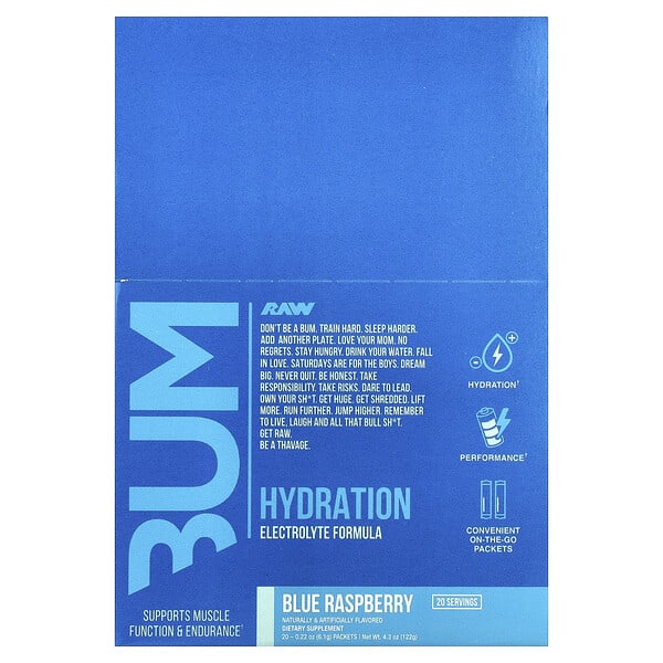 rws15036_v_18.jpg Bum, Hydration, электролитная формула, со вкусом голубой малины, 20 пакетиков по 6,1 г (0,22 унции) — Raw Nutrition