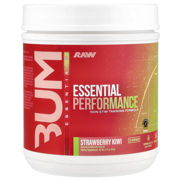 rws79082_v_16.jpg Bum Essentials, Essential Performance, формула для тренировки без стимуляторов, со вкусом клубники и киви, 610 г (21,52 унции) — Raw Nutrition