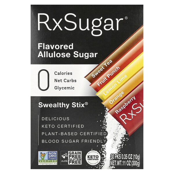 rxs17303_v_36.jpg RxSugar, Swealthy Stix, ароматизированный аллюлозный сахар, сладкий чай, фруктовый пунш, лимон и лайм, апельсин, малина, 30 пакетиков по 10 г (0,35 унции)