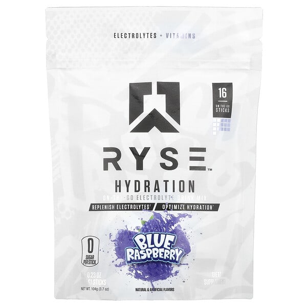rys91489_v_2.jpg Hydration, электролитная смесь для приготовления на вынос, голубая малина, 16 стиков по 6,5 г (0,23 унции) — RYSE