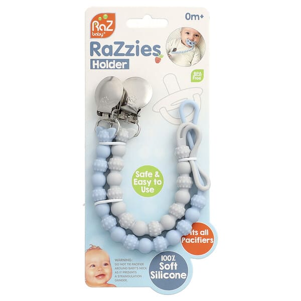 rzb17752_v_13.jpg Держатель для пустышки RaZzies, от 0 месяцев, синий / серый``, 2 держателя — RaZbaby
