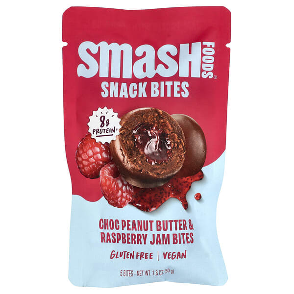 sao55027_v_2.jpg Snack Bites, шоколад, арахисовая паста и малиновый джем, 5 шт., 50 г (1,8 унции) — Smash Foods