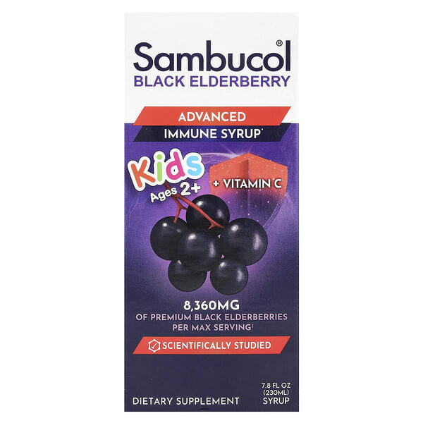 sbl00121_v_98.jpg Kids, черная бузина, улучшенная формула сиропа для укрепления иммунитета, для детей от 2 лет, 8360 мг, 230 мл (7,8 жидк. унции) — Sambucol