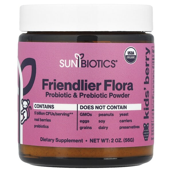 sbs46496_v_40.jpg Sunbiotics, Kids Friendlier Flora, пробиотики и пребиотики в порошке, ягоды, 5 млрд КОЕ, 56 г (2 унции)