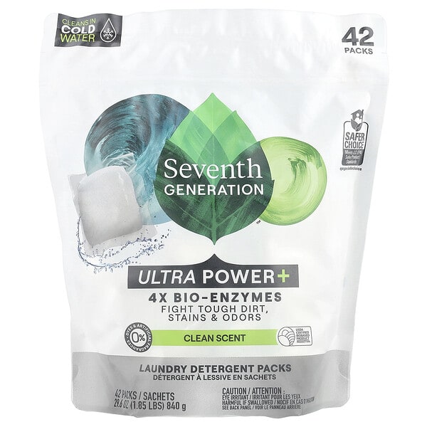 sev23001_v_6.jpg Пакеты с моющим средством для стирки, Ultra Power +, чистый аромат, 42 упаковки, 840 г (29,6 унции) — Seventh Generation
