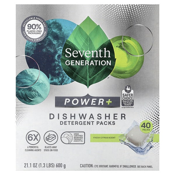 sev45174_v_42.jpg Пакеты с моющим средством Power + для посудомоечной машины, Fresh Citrus, 40 упаковок, 600 г (21,1 унции) — Seventh Generation