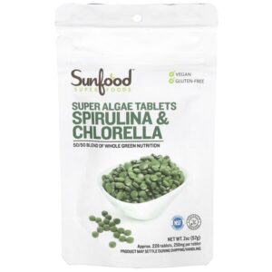 Super Algae Tablets, спирулина и хлорелла в таблетках, 250 мг, прибл. 228 таблеток, 57 г (2 унции) — Sunfood