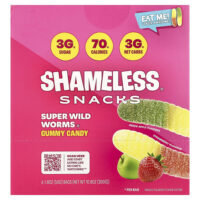 Жевательные конфеты Super Wild Worms®, зеленое яблоко и клубника, 6 пакетиков по 50 г (1,8 унции) — Shameless Snacks