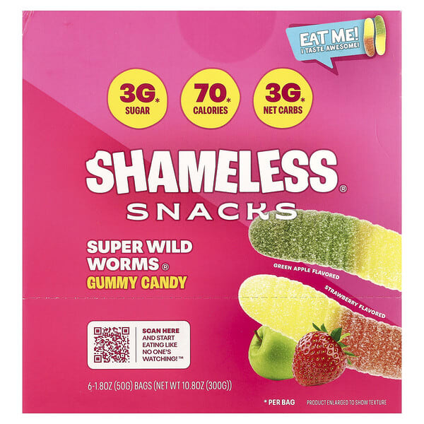 shl57232_v_60.jpg Жевательные конфеты Super Wild Worms®, зеленое яблоко и клубника, 6 пакетиков по 50 г (1,8 унции) — Shameless Snacks