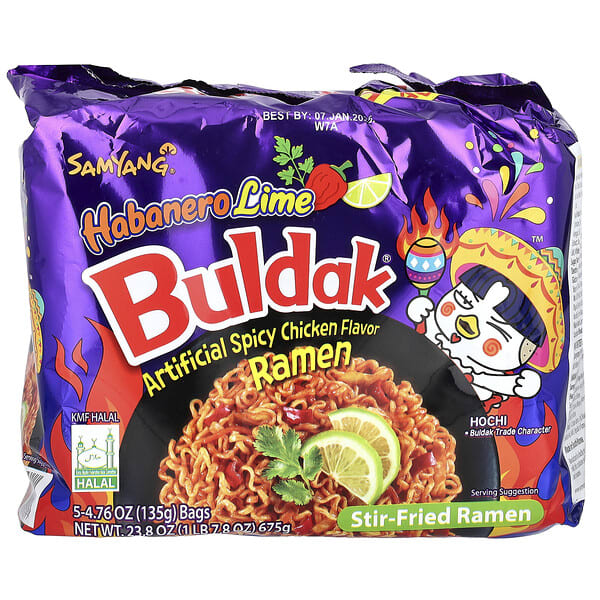 smy14377_v_18.jpg Buldak®, жареный рамэн, пряная курица, хабанеро и лайм, 5 пакетиков по 135 г (4,76 унции) — Buldak