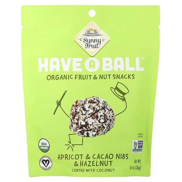 snf00717_v_10.jpg have A Ball™, органические снеки с фруктами и орехами, абрикос, ядра какао-бобов и фундук, 126 г (4,4 унции) — Sunny Fruit