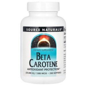 Бета-каротин, 7500 мкг (25000 МЕ), 250 мягких таблеток — Source Naturals