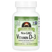 Vegan True®, витамин D3 без ГМО, 50 мкг (2000 МЕ), 120 веганских капсул — Source Naturals