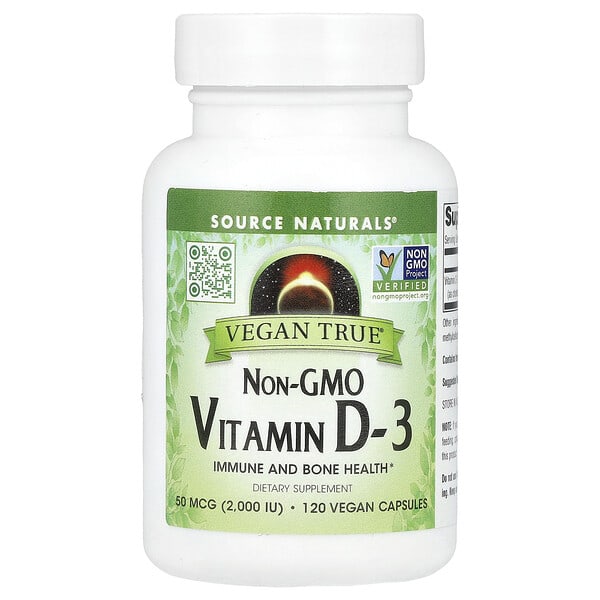 sns02895_v_32.jpg Vegan True®, витамин D3 без ГМО, 50 мкг (2000 МЕ), 120 веганских капсул — Source Naturals