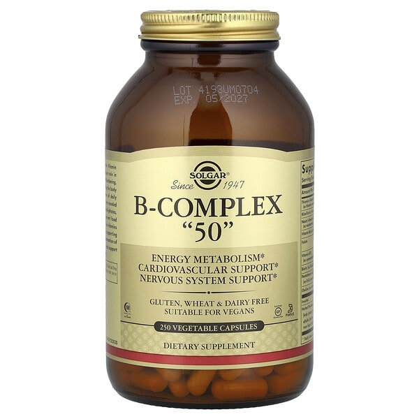 sol01122_v_75.jpg B-Complex 50, витамины группы B, 250 растительных капсул — Solgar