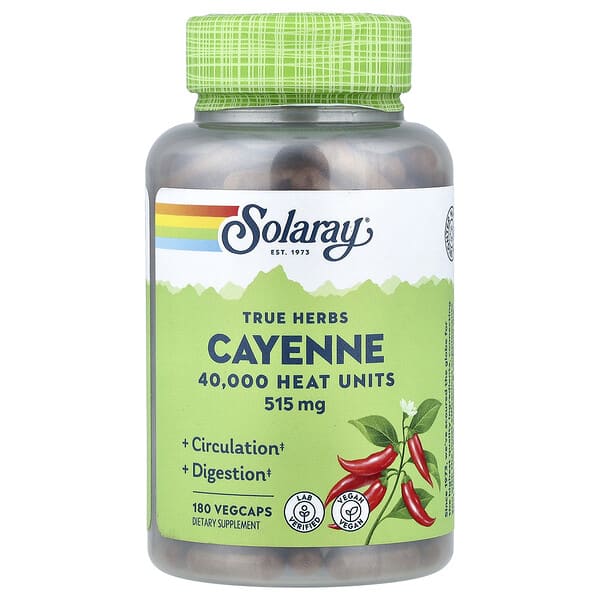 sor01131_v_24.jpg True Herbs, кайенский перец, 515 мг, 180 вегетарианских капсул — Solaray