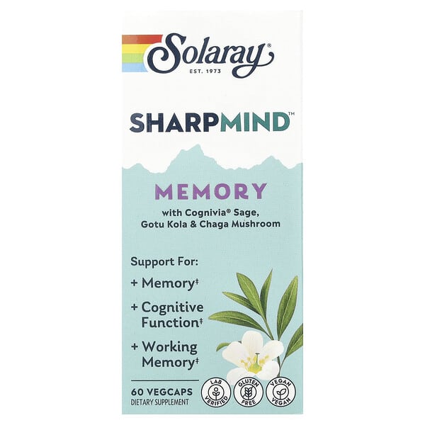 sor16932_v_20.jpg Sharpmind™ Memory с шалфеем Cognivia®, готу кола и грибами чага, 60 вегетарианских капсул — Solaray