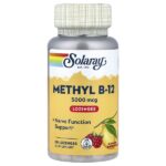 метил B12 в форме пастилок, с натуральным лимонным вкусом и малиной, 5000 мкг, 60 пастилок — Solaray