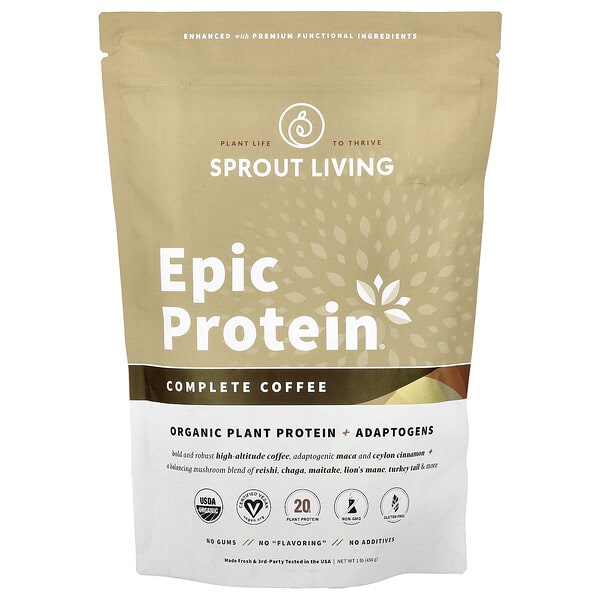 spl00776_v_18.jpg Epic Protein®, органический растительный белок с адаптогенами, полноценный кофе, 456 г (1 фунт) — Sprout Living