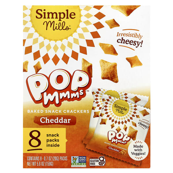 spm67233_v_18.jpg PopMmms™, запеченные крекеры с чеддером, 8 пакетиков по 20 г (0,7 унции) — Simple Mills