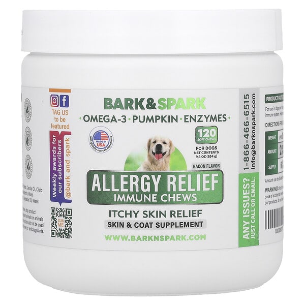 srk60263_v_8.jpg Allergy Relief Immune Chews, средство от зуда на коже, для собак, со вкусом бекона, 120 жевательных таблеток, 264 г (9,3 унции) — Bark&Spark