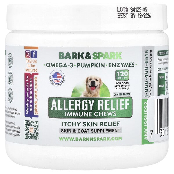 srk97822_v_25.jpg Allergy Relief Immune Chews, для облегчения зуда кожи, для собак, курица, 120 жевательных таблеток, 264 г (9,3 унции) — Bark&Spark