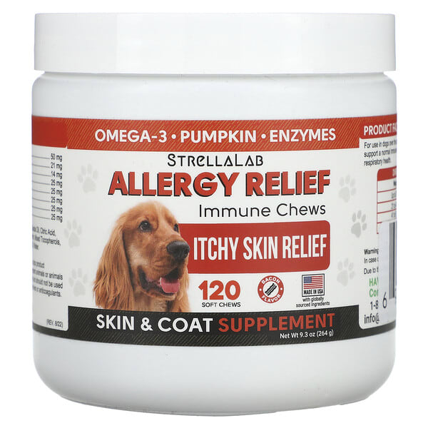 srl26684_v_10.jpg Allergy Relief, жевательная добавка для поддержки иммунитета, для собак, со вкусом бекона, 120 жевательных таблеток, 264 г (9,3 унции) — StrellaLab