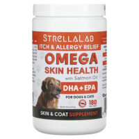 Omega Skin Health с жиром лосося, для собак и кошек, со вкусом лосося, 180 жевательных таблеток, 513 г (18 унций) — StrellaLab