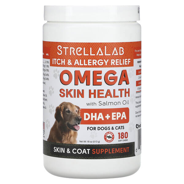 srl26692_v_8.jpg Omega Skin Health с жиром лосося, для собак и кошек, со вкусом лосося, 180 жевательных таблеток, 513 г (18 унций) — StrellaLab
