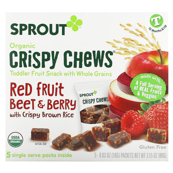 srt01500_v_62.jpg Crispy Chews, от 12 месяцев и старше, красные фрукты, свекла и ягоды с хрустящим коричневым рисом, 5 пакетиков по 18 г (0,63 унции) — Sprout Organics