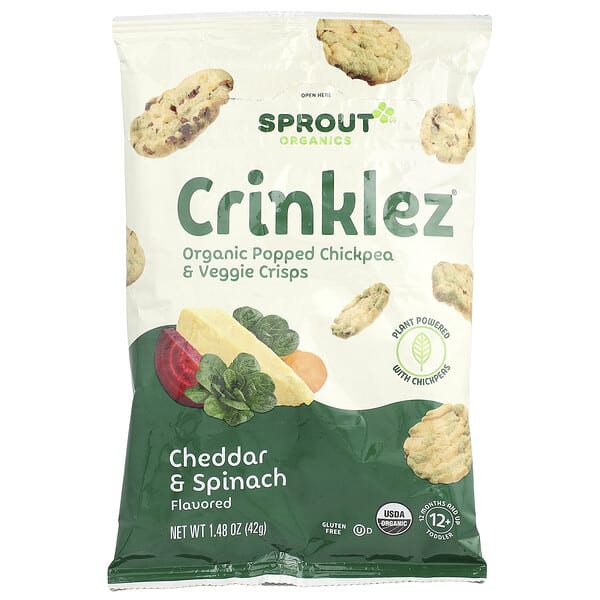 srt01524_v_20.jpg Crinklez®, органические чипсы из нута и овощей, для детей от 12 месяцев и старше, чеддер и шпинат, 42 г (1,48 унции) — Sprout Organics
