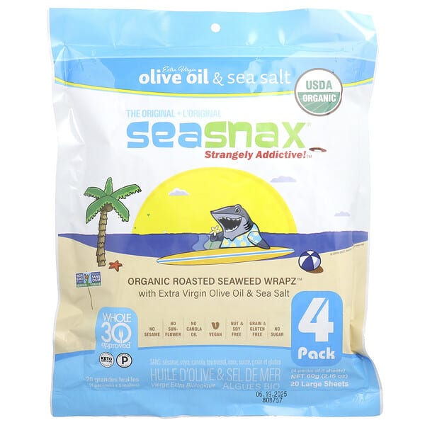ssx01221_v_19.jpg Organic Roasted Seaweed Wrapz™, оливковое масло и морская соль, 20 больших листов, 60 г (2,16 унции) — SeaSnax