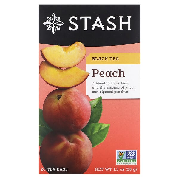 sta08255_v_24.jpg Черный чай, персик, 20 чайных пакетиков, 38 г (1,3 унции) — Stash Tea