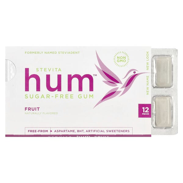 ste81004_v_10.jpg Hum™, жевательная резинка без сахара, фрукты, 12 шт. — Stevita Naturals
