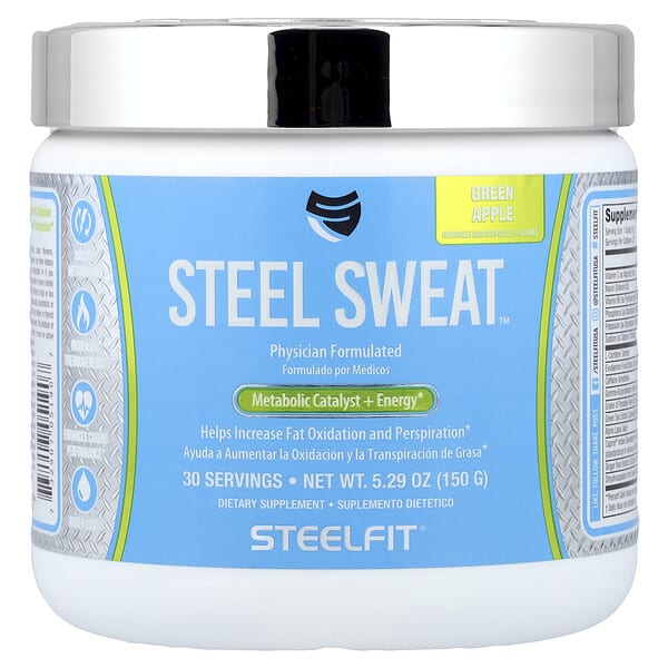 stf05190_v_31.jpg Steel Sweat™, катализатор метаболизма и энергии, со вкусом зеленого яблока, 150 г (5,29 унции) — SteelFit