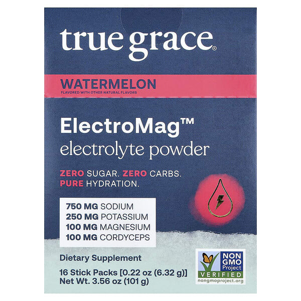 tga50018_v_18.jpg ElectroMag™, электролитный порошок, со вкусом арбуза, 16 пакетиков по 6,32 г (0,22 унции) — True Grace