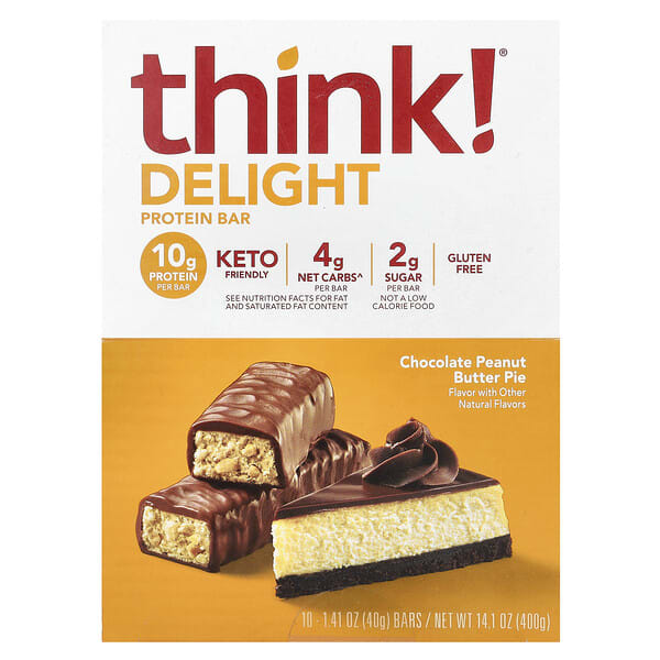 thk71840_v_39.jpg Delight Protein Bar, шоколадный пирог с арахисовой пастой, 10 батончиков, 40 г (1,41 унции) каждый — Think !