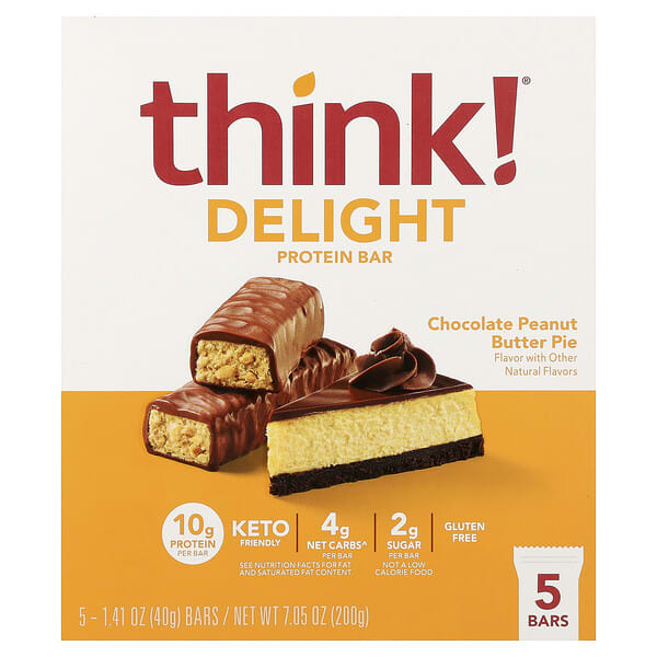 thk71846_v_36.jpg Delight Protein, протеиновый батончик, шоколадный пирог с арахисовой пастой, 5 шт. по 40 г (1,41 унции) — Think !