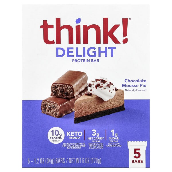 thk71945_v_36.jpg Delight Protein Bar, протеиновый батончик, шоколадный муссовый торт, 5 шт. по 34 г (1,2 унции) — Think !