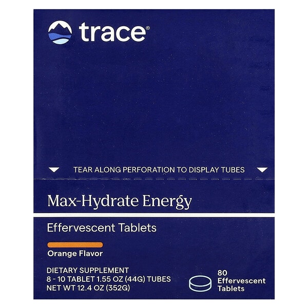 tmr00414_v_51.jpg Шипучие таблетки Max-Hydrate Energy, апельсин, 8–10 таблеток в тюбиках по 44 г (1,55 унции) — Trace