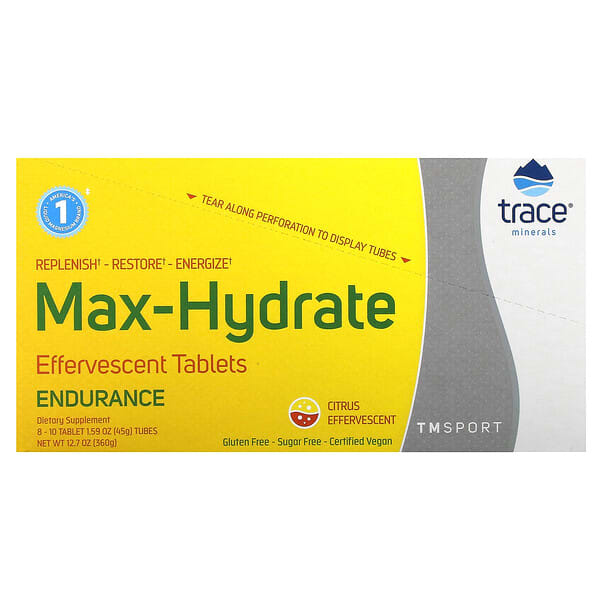 tmr00416_v_21.jpg TM Sport, Max-Hydrate Endurance, шипучие таблетки для пополнения электролитов, со вкусом цитрусовых, 8 туб, по 10 таблеток в каждой — Trace
